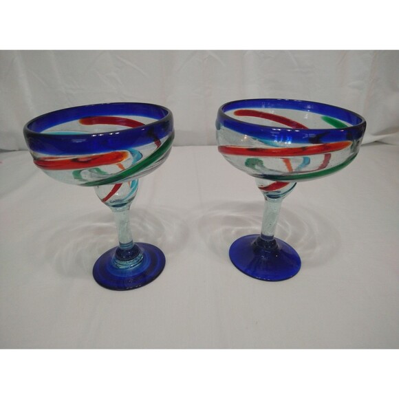 Set of 2 Hand Blown Art Margarita Cocktail Glasses Blue Red Green Swirl Thick - Picture 1 of 9